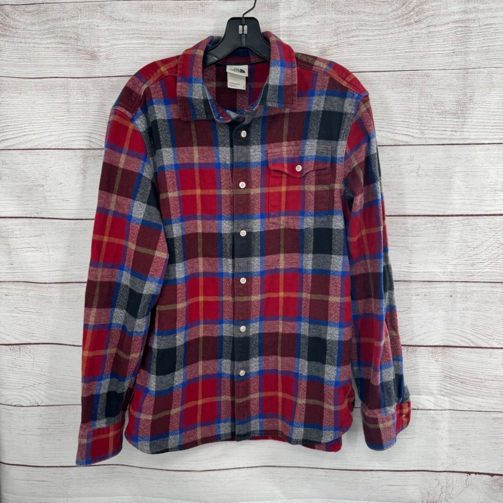 The North Face Mens Large Red Plaid Flannel Button Down Shirt Long Sleeve Cotton